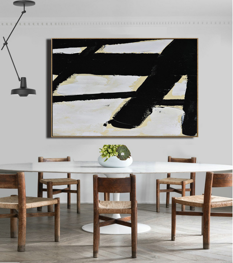 Living Room Wall Art,Horizontal Palette Knife Minimal Canvas Art Painting Black White Beige - Big Canvas Painting